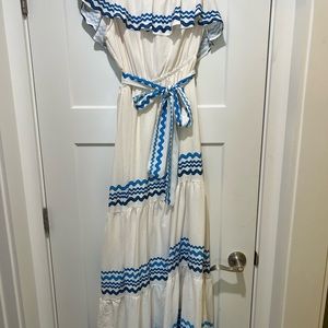 One Shouldered White and Blue Maxi Dress